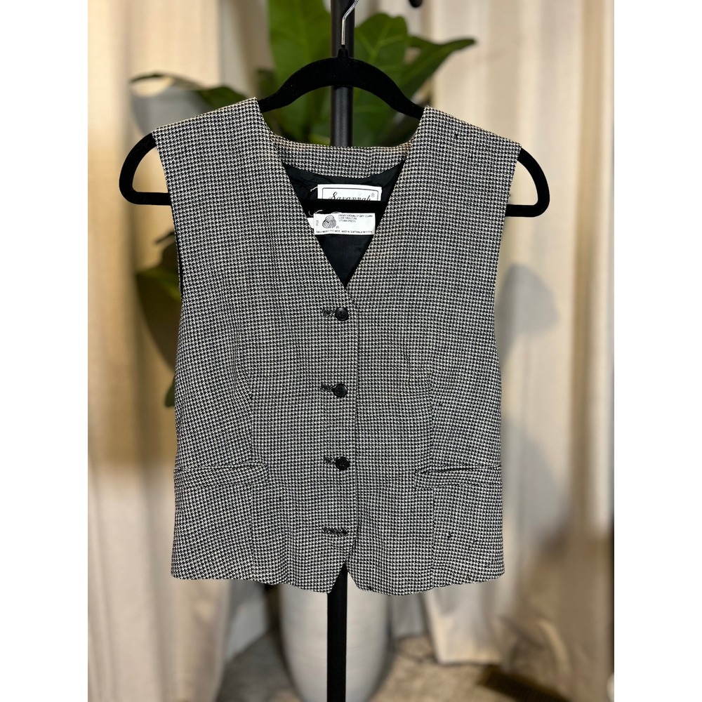 Savannah Mens Worsted Wool Houndstooth Vest Black White Button Front Size 6